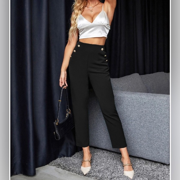 Black High Waist Gold Button Cropped Pants - Picture 1 of 5